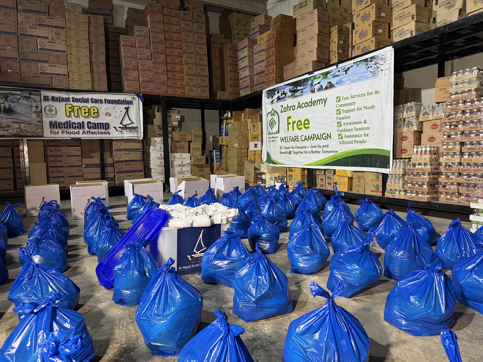 Ration bags prepared for flood-affected families